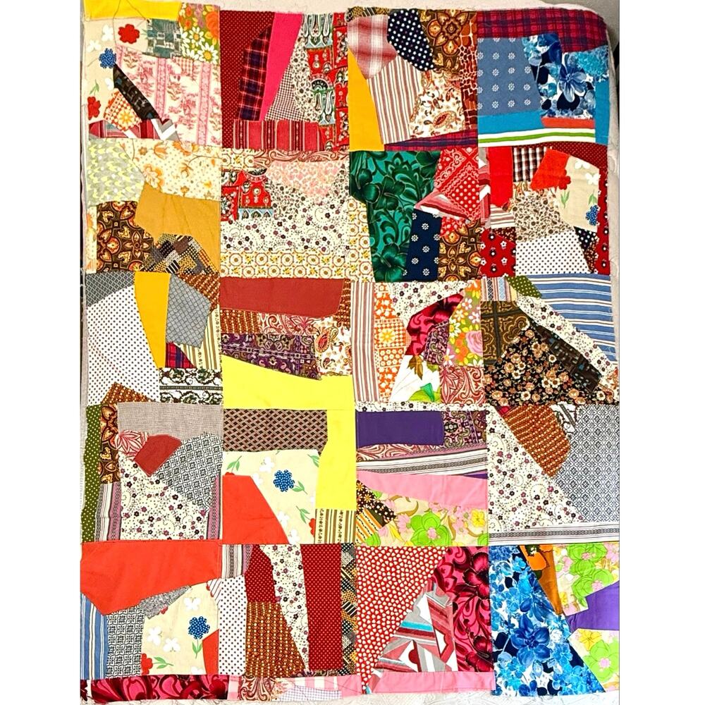 Patchwork Crazy Quilt Topper 58x72 Vintage 1970s Unfinished Colorful Hippie Boho